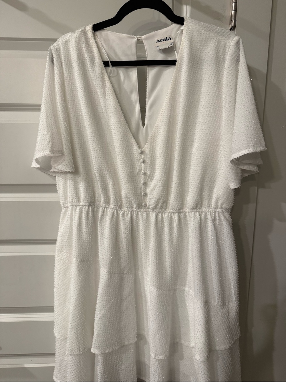 ARULA White V-Neck Tiered Midi Dress with Button Front